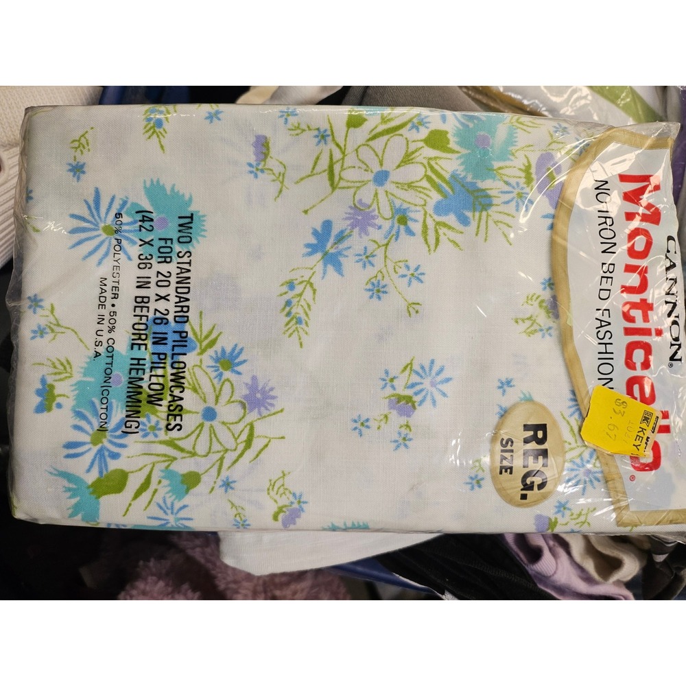 Vintage Cannon Monticello Floral Pillowcases Set of 2 Blue Green White New USA